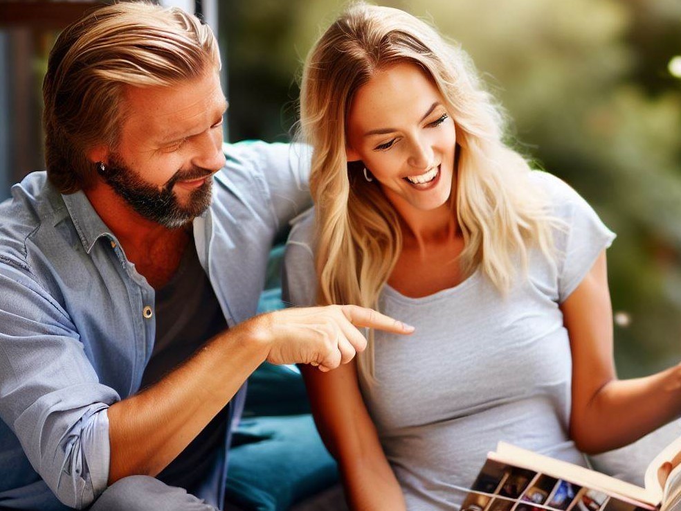 couple savoring memories looking at a photo album