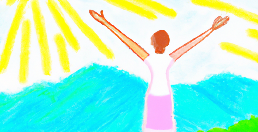 a watercolor image of a person standing on a hilltop with arms spread wide and a bright sun shining behind them.